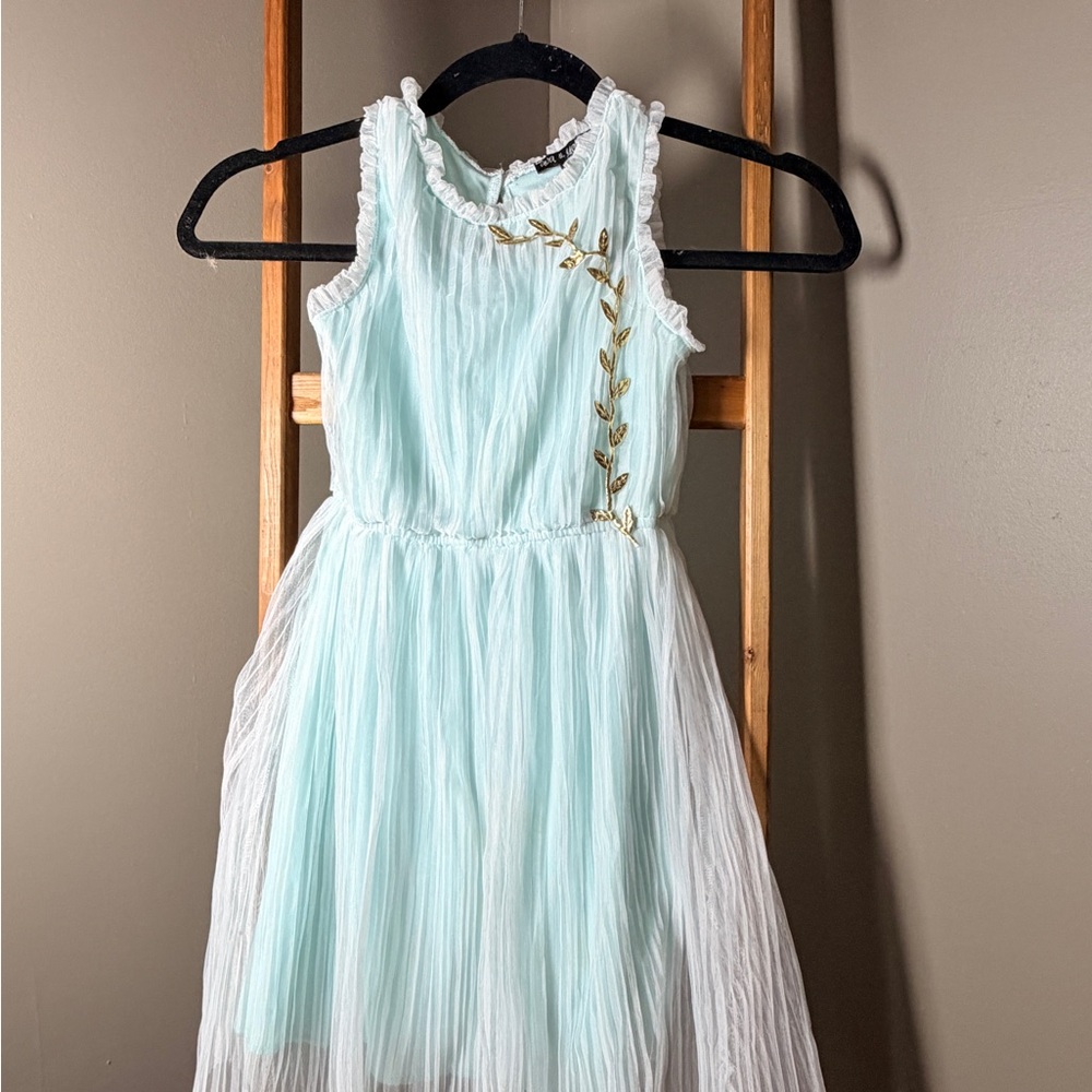 Ava and Yelly Girls Light Aqua Ruffle Neck Dress with Leaf Accent
